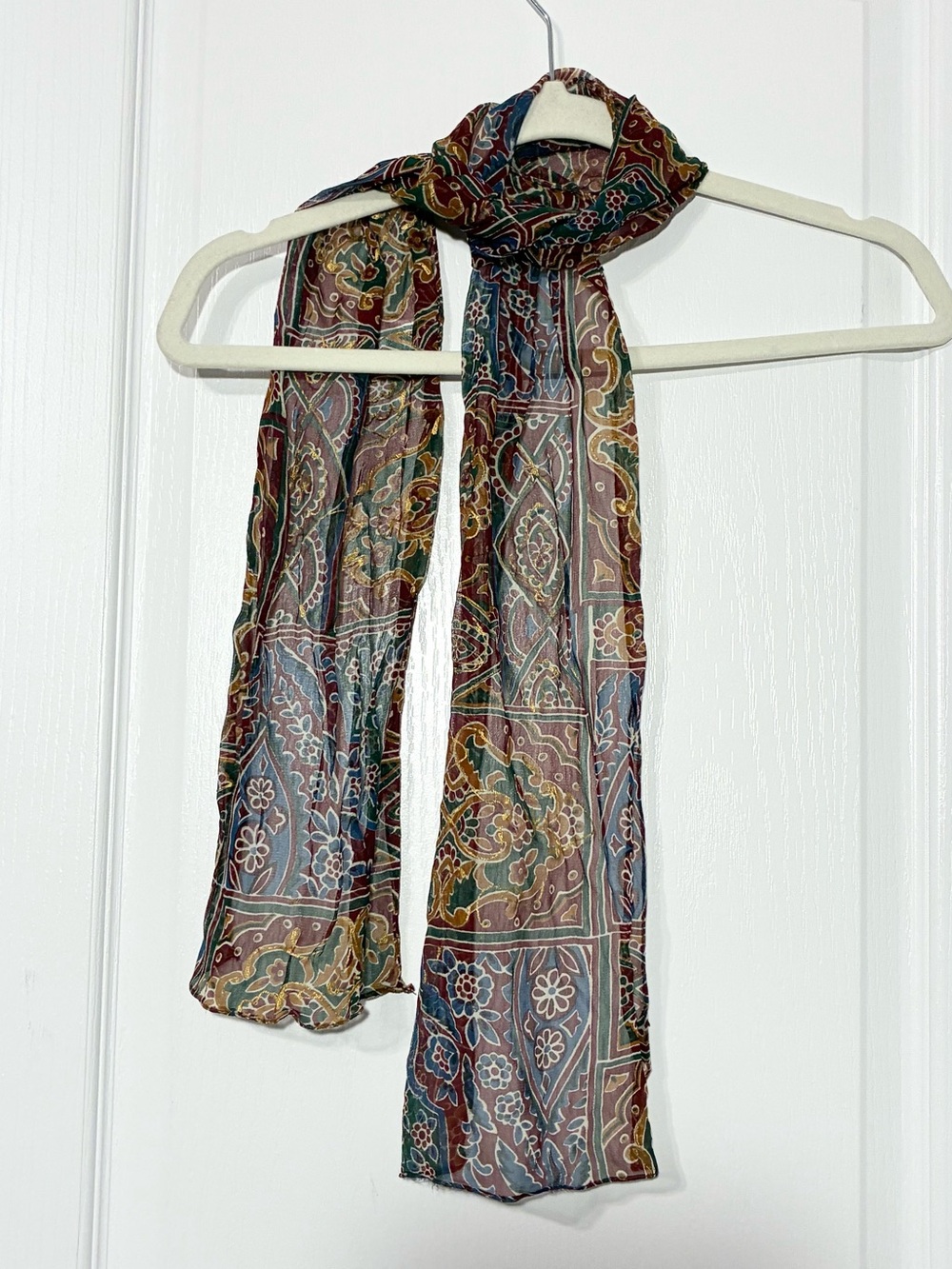80s Metallic Hand Printed & Painted Rectangular Scarf 57”L Vintage
